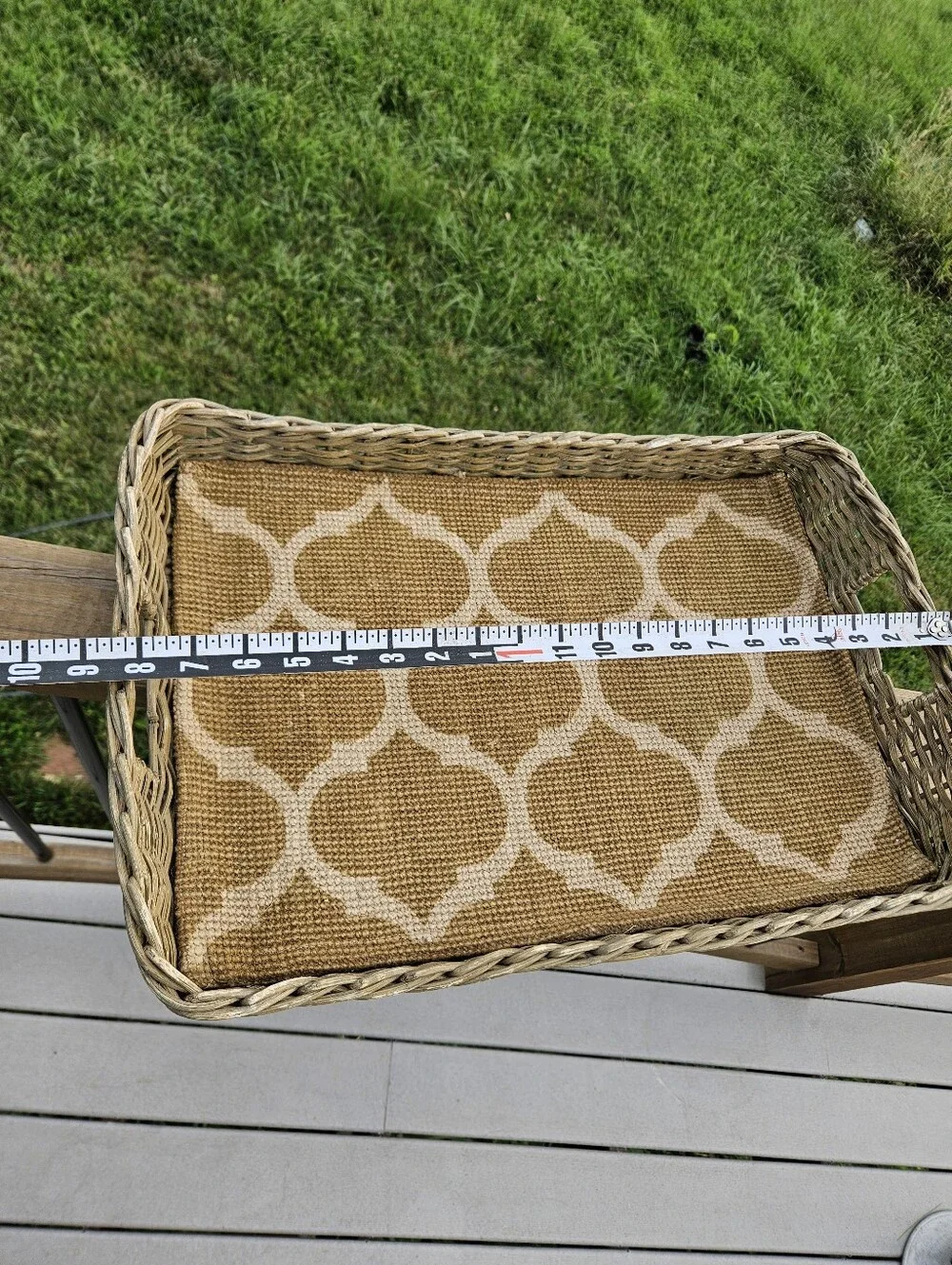 Boho Woven Rattan Serving Tray with a yellow quatrefoil pattern liner and cutout